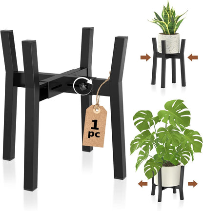 LASZOLA Black Adjustable Plant Stand for Single Large Outdoor Indoor Planters, Heavy Duty Metal Floor Fern Holder Fits 8 to 12 Inch Pots, Elevated Big Flower Stool for Patio – Pot Not Included, 1 Pack