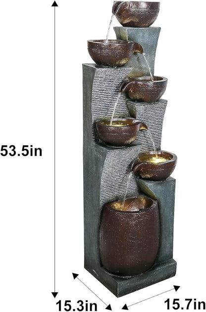 53.5in High Outdoor Indoor Water Fountain, 6-Tiered Poly-Resin Waterfall Fountain with LED Lights, Decorative Floor Standing Fountain for Garden, Patio, Yard, Home Decor