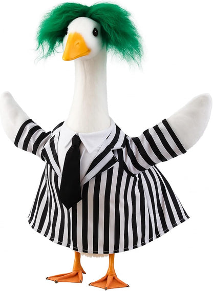 Halloween Porch Goose Outfits Black and White Striped Suit and Wig Movie Clothes for 23 Inch Cement Goose Halloween Costume Outdoor Yard Lawn Garden Patio Decor