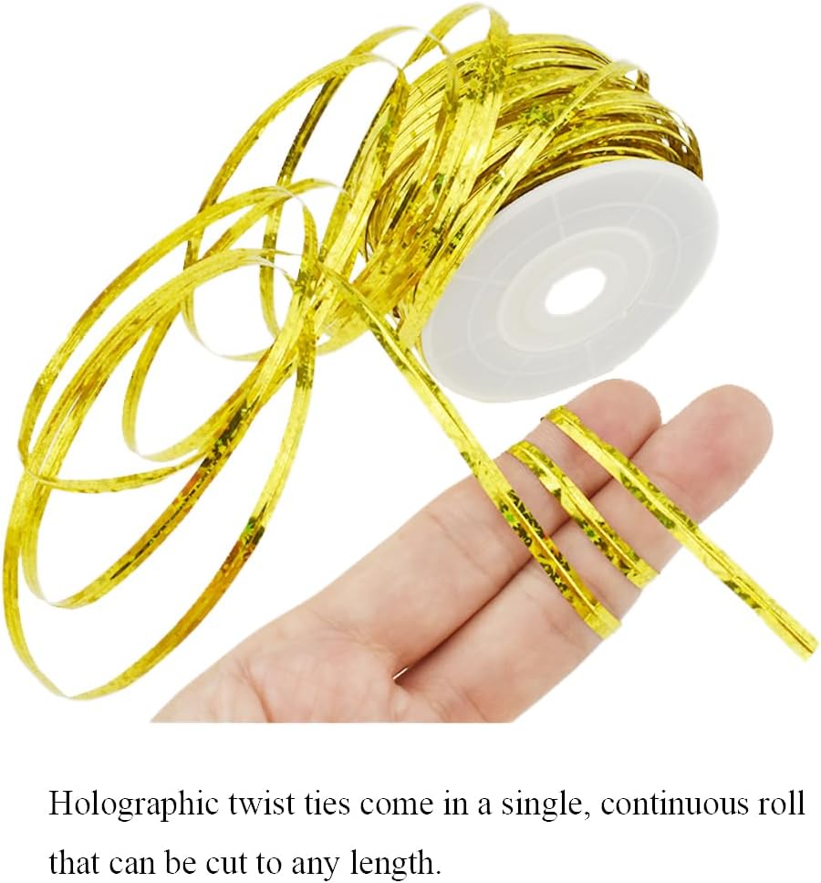 HAHIYO 100Yards/300Feet/91M Holographic Gold Metal Twist Ties Bread Candy Coffee Bag Ties Plant Garden Twist Ties for Cellophane Treat Bags Gift Wraping Bags Plastic Bags Party Cake Present Art Crafts