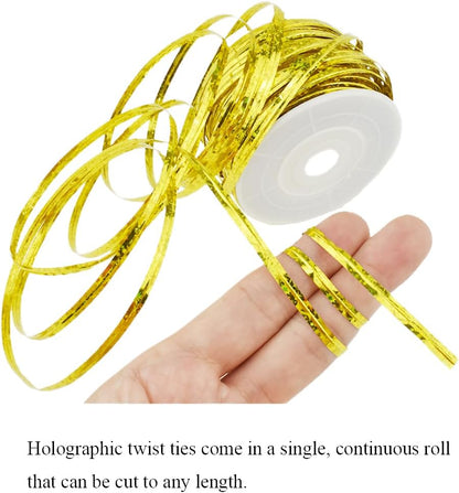 HAHIYO 100Yards/300Feet/91M Holographic Gold Metal Twist Ties Bread Candy Coffee Bag Ties Plant Garden Twist Ties for Cellophane Treat Bags Gift Wraping Bags Plastic Bags Party Cake Present Art Crafts