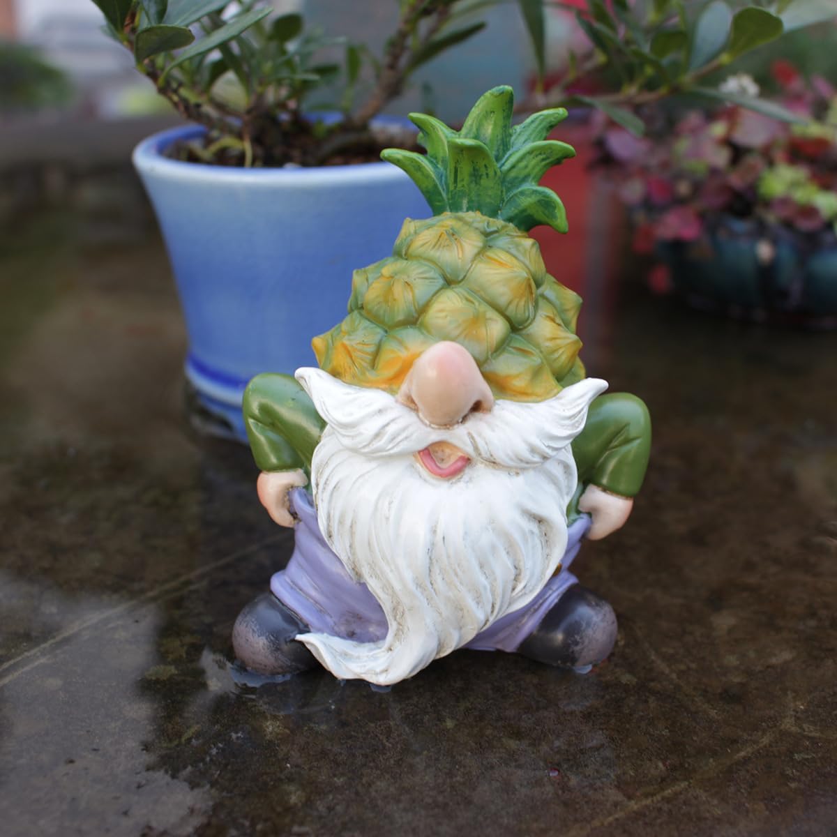 Purple Star Mini Pineapple Gnome Fairy Garden Gnome Miniature Figurines for Fairy Garden Accessories Outdoor Small Resin Gnomes Statue Decor for Plant Pot Decorations Green