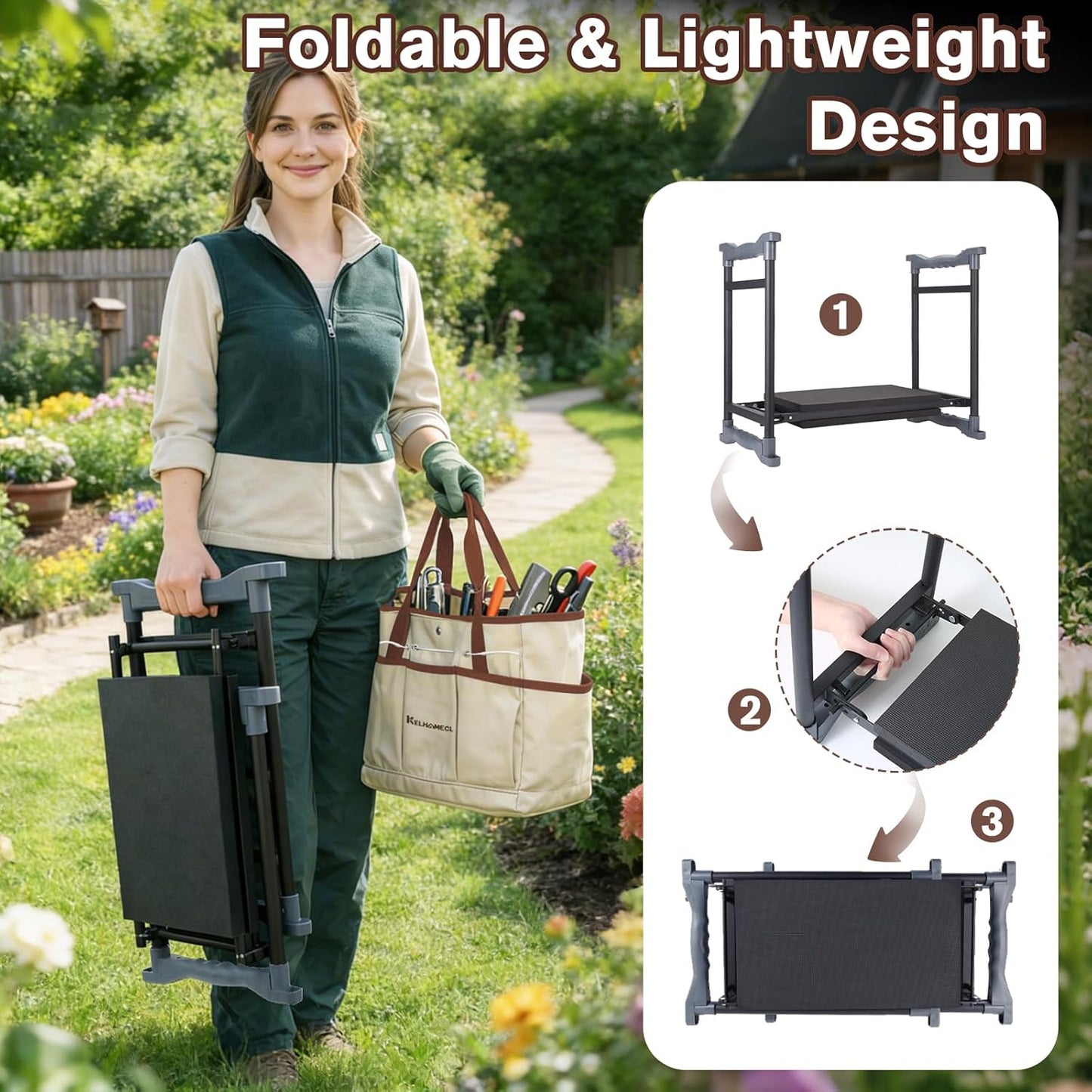Garden Kneeler and Seat with Extra Wide Thick EVA Pad – Heavy Duty Foldable Gardening Bench Stool with Tool Pouches, Ergonomic Kneeling Seat for Seniors, Women & Men, Beige & Coffee Brown