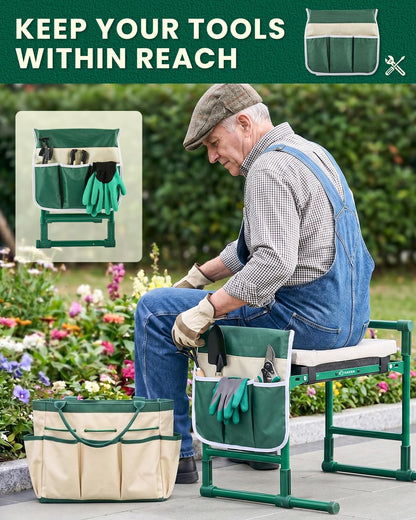 Saker Garden Kneeler and Seat – 500LB Heavy Duty Foldable Gardening Stool with Soft Kneeling Pad, Side Handles & Tool Pouches for Seniors and Gardeners, Green