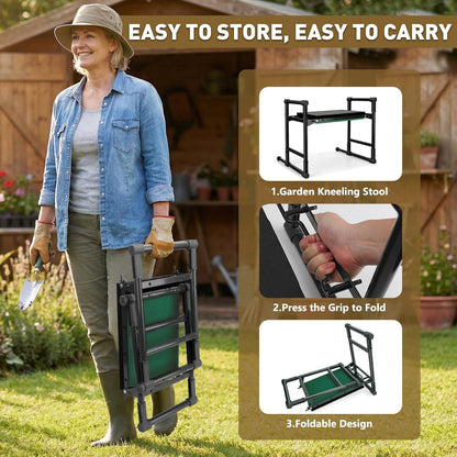 Heavy Duty Garden Kneeler and Seat for Seniors – Anti-Tip Folding Gardening Stool with Thick EVA Kneeling Pad, Extendable Support Legs & Sturdy Handles for Gardening, Black
