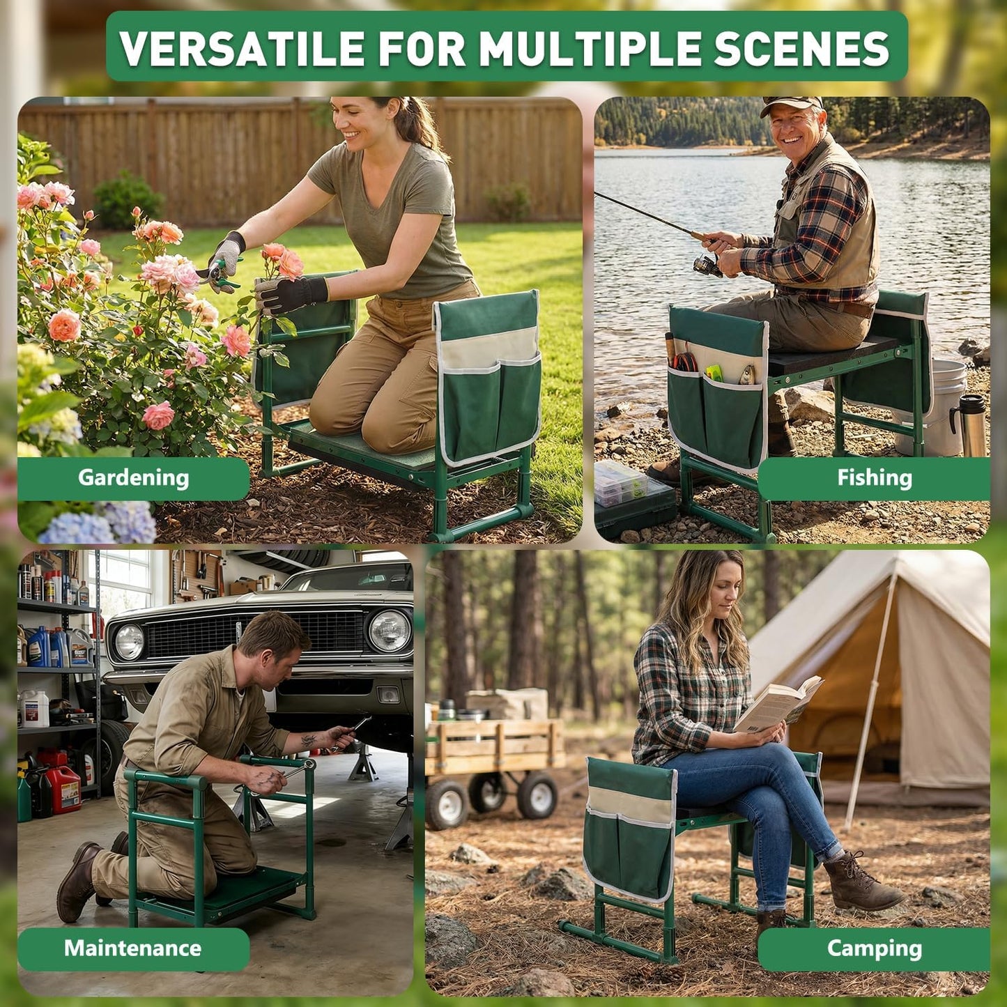 Heavy Duty Garden Kneeler and Seat for Seniors – Anti-Tip Folding Gardening Stool with Thick EVA Kneeling Pad, Extendable Support Legs & Sturdy Handles for Gardening, Green