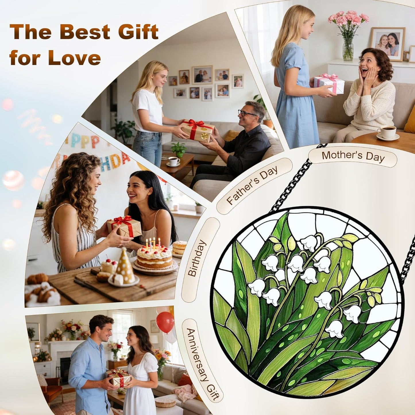 Stained Glass Lily of the Valley Suncatcher – Floral Window Hanging Decor with Chain, Green Glass Panel for Home, Garden & Meaningful Gift