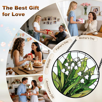 Stained Glass Lily of the Valley Suncatcher – Floral Window Hanging Decor with Chain, Green Glass Panel for Home, Garden & Meaningful Gift