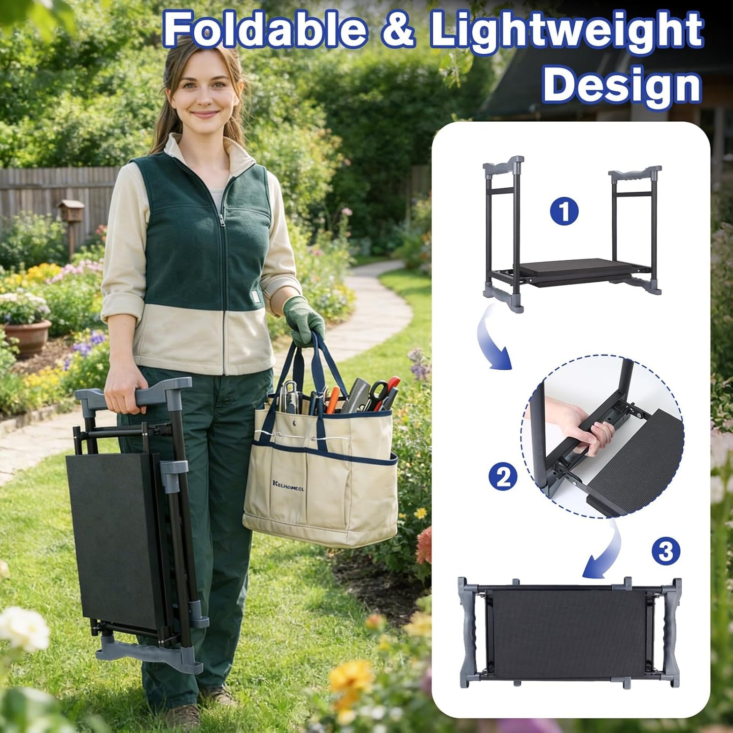 Garden Kneeler and Seat with Extra Wide Thick EVA Pad – Heavy Duty Foldable Gardening Bench Stool with Tool Pouches, Ergonomic Kneeling Seat for Seniors, Women & Men, Beige & Blue