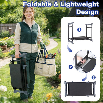 Garden Kneeler and Seat with Extra Wide Thick EVA Pad – Heavy Duty Foldable Gardening Bench Stool with Tool Pouches, Ergonomic Kneeling Seat for Seniors, Women & Men, Beige & Blue