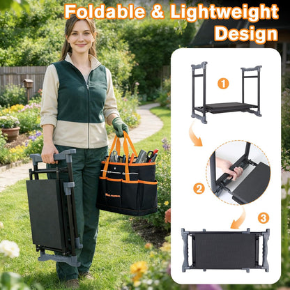 Garden Kneeler and Seat with Extra Wide Thick EVA Pad – Heavy Duty Foldable Gardening Bench Stool with Tool Pouches, Ergonomic Kneeling Seat for Seniors, Women & Men, Black & Orange