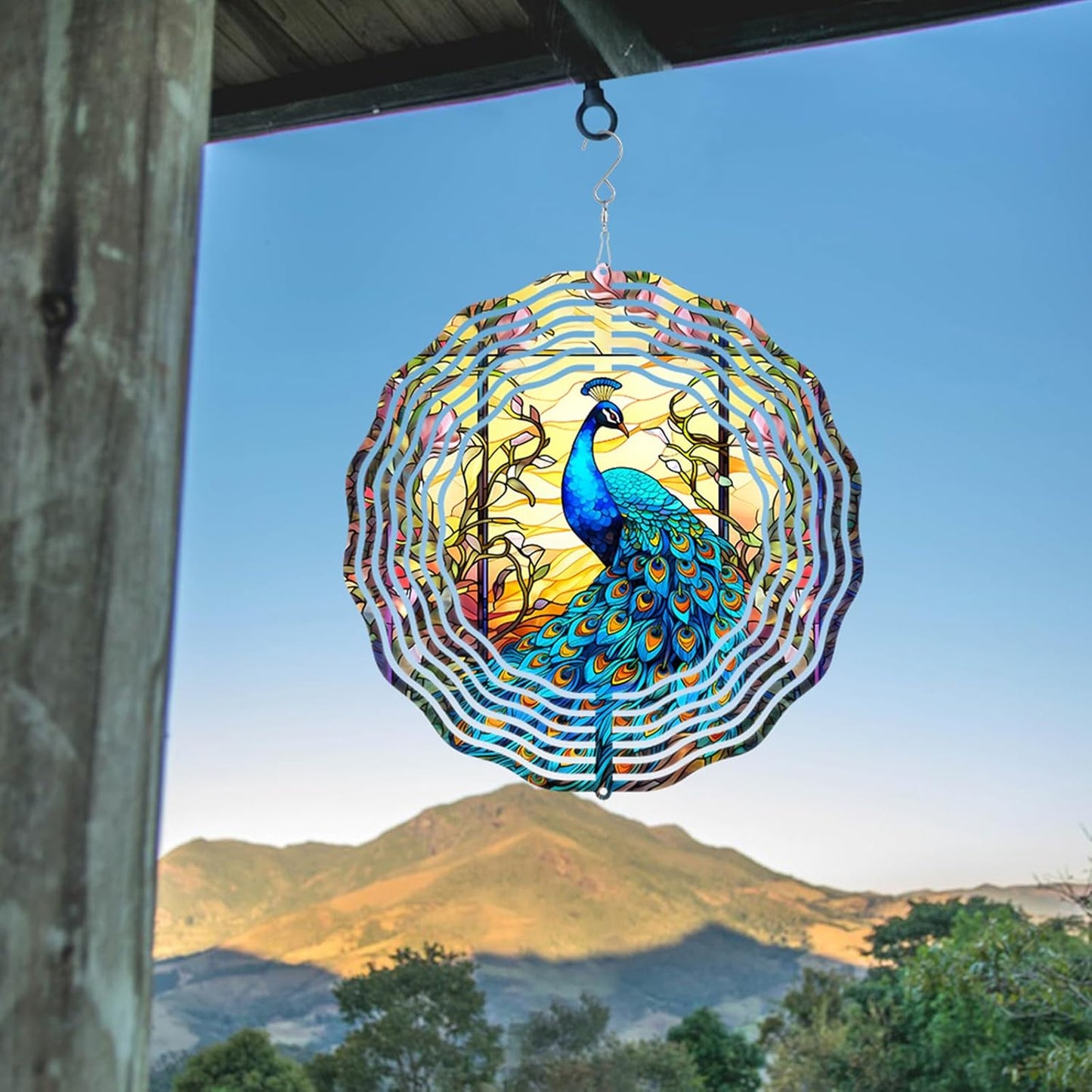 Peacock at Sunset Wind Spinner Stainless Steel Hanging Wind Spinners Mandala Kinetic Art 10 Inch Garden Decoration for Patios, Lawns, and Balconies
