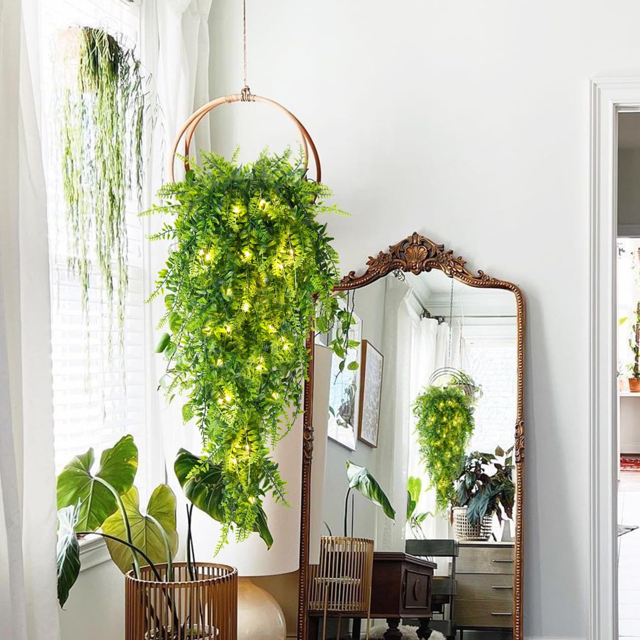 RECUTMS Artificial Boston Ferns 4 Pack Fake Hanging Plants with 30 LED Lights Faux Ivy Vine Leaves Plastic Greenery UV Resistant for Home Bedroom Wall Porch Garden Wedding Decor (Green)