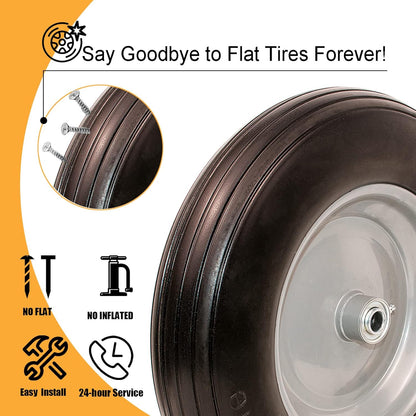Universal Wheelbarrow Tire Flat Free 14.5"D x 3.2"W, Fits 4.80/4.00-8, 3.50/2.50-8, 4.00-6, 4.00-8 Wheelbarrow Wheels, installed 5/8" Bearing with Extra 3/4" Bearing,3"- 6" Center Hub (2 Pack)