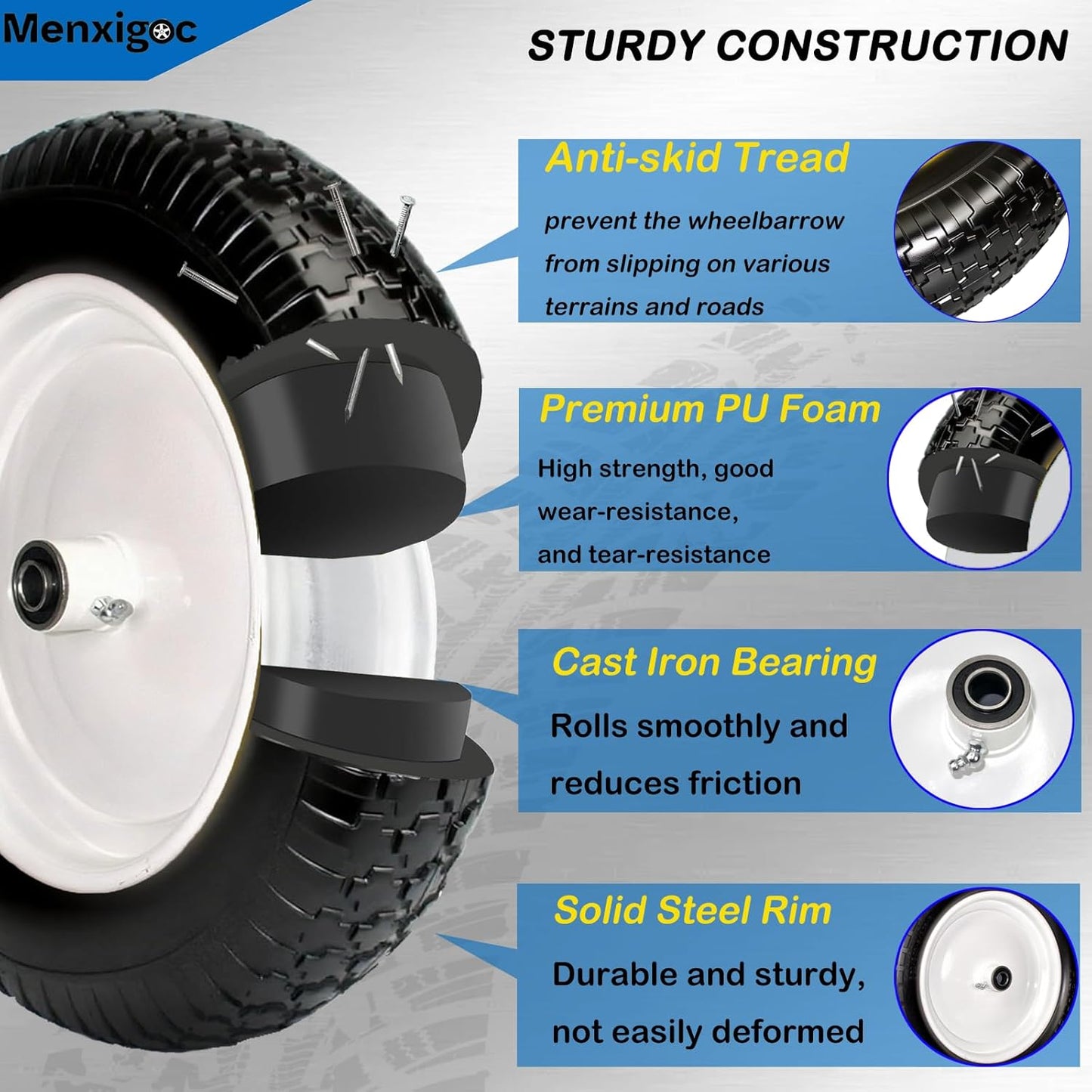 4.80/4.00-8 Tire, 14.5" Tire and Wheel Flat Free, 5/8" Bore Bearing with 3/4" Extra Bearings, 3" Centered Hub - Universal for 4.80-8 4.00-8 4.00-6 3.50/3.00-8 Wheelbarrow Tires