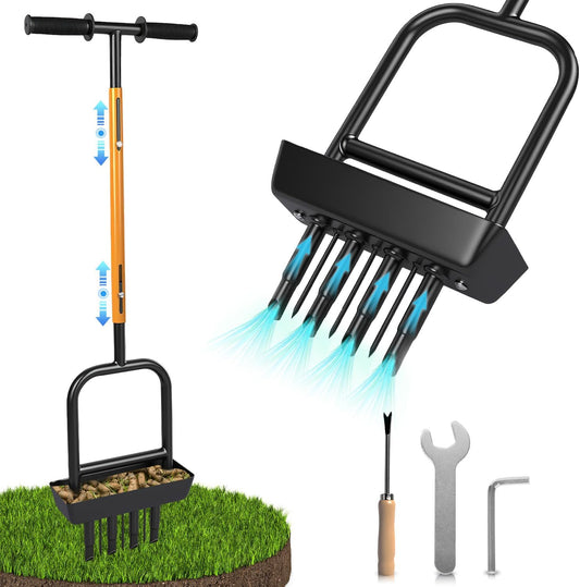 2-in-1 Manual Lawn Aerator Tool with Soil Core Storage Tray - 41.3" Heavy Duty Carbon Steel Garden Core Aerator Lawn Tool- Multifunctional Spike & Plug Aerator for Compacted Soil(Black + Orange)