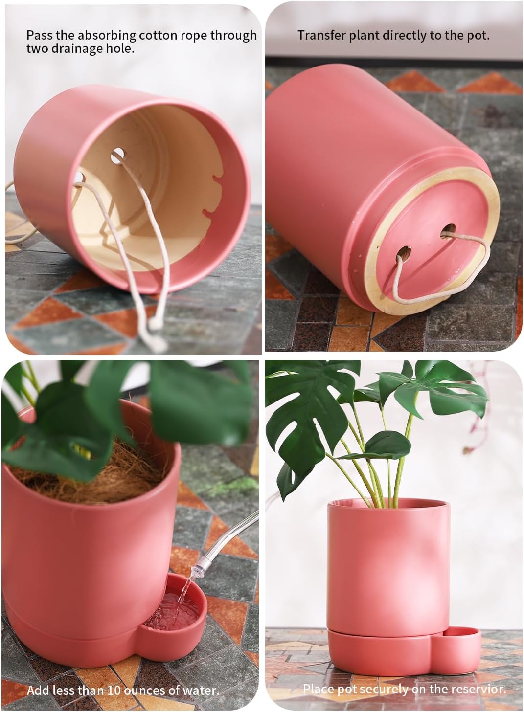 5.5 Inch Ceramic Self Watering Planters with Absorbent Cotton Rope, Cylinder Round Flower Pot for Succulent, Herbs, African Violets, Pink, 1 Pack