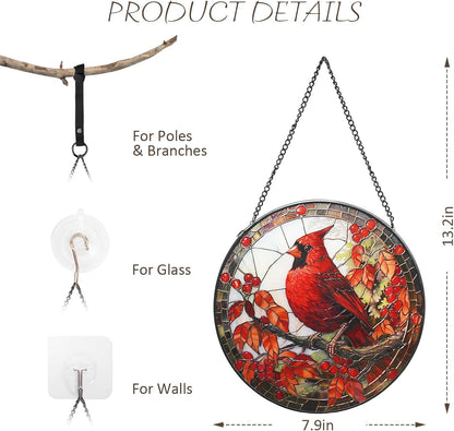 Stained Glass Window Hanging - 7.9-Inch Cardinal Suncatcher Window Decor, Cardinal Gifts for Women, Family and Friends (Birthday/Christmas/Anniversary/Housewarming)