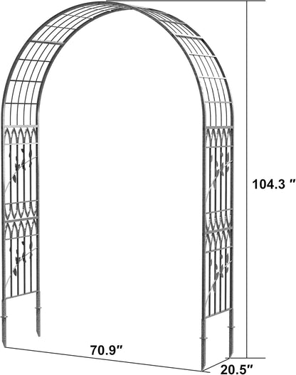 Jardineer Leaf-Patterned Garden Arch Trellis, 70.9W x 104.3H x 20.5D inch, Metal Garden Arbor with Decorative Leaf Design, Rustproof with Extended Thick Ground Stakes (Silver)