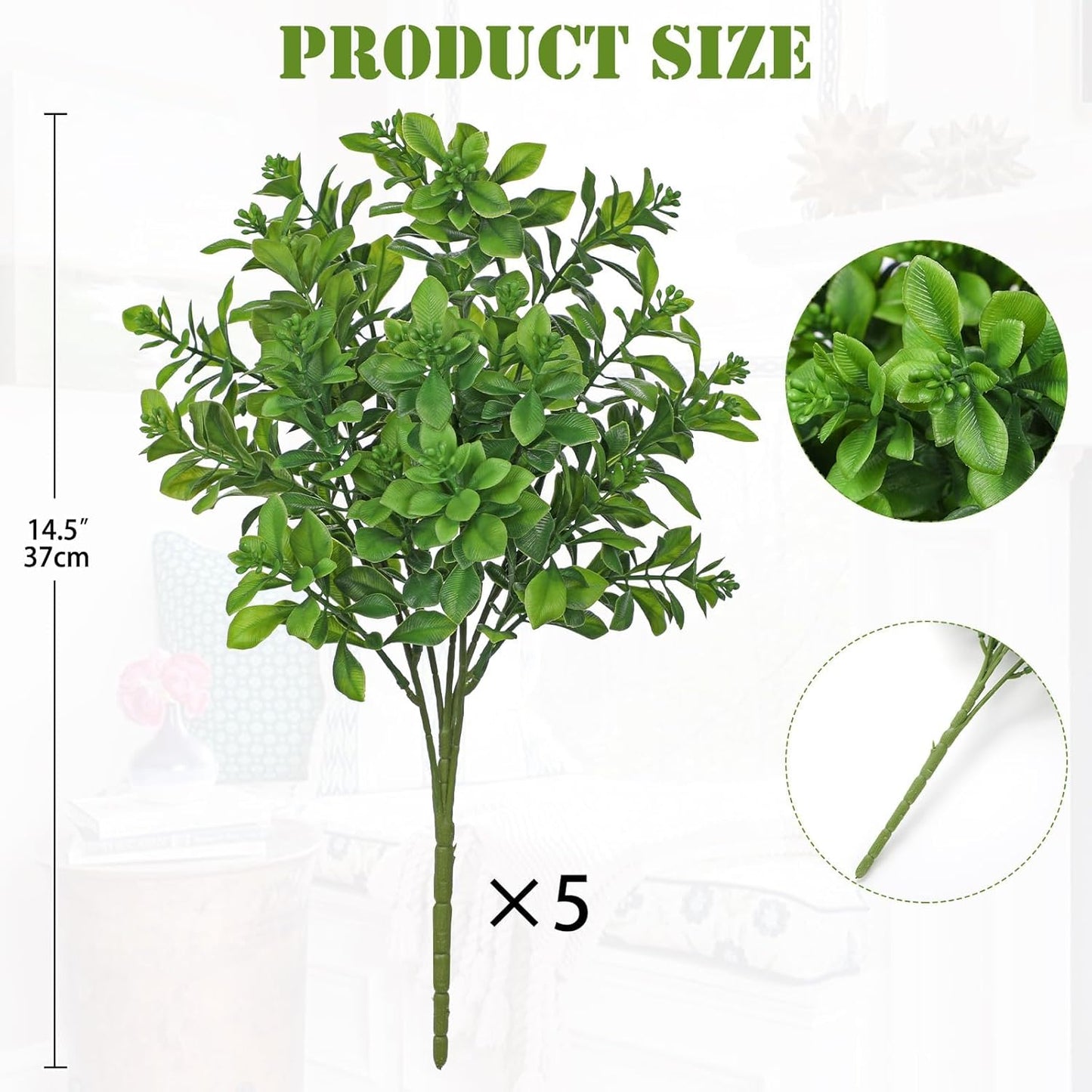 Artificial 5Pcs Faux Seeded Eucalyptus Leaves Stems Fake Plants Sharp UV Resistant Faux Plastic Boxwood for Kitchen Office Garden Porch Farmhouse Window Box Home Decor