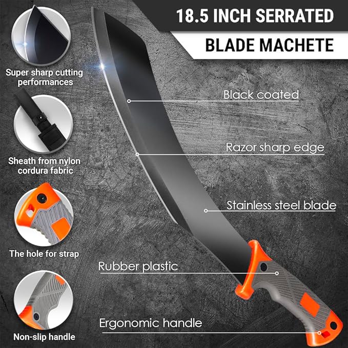 Machete with Saw - 25” Heavy Duty Tool & Sheath - Ergonomic No-Slip Handle - Survival Knife with Serrated Blade - Machetes for Bushcraft Outdoor Hunting Garden Cutting Trees and Yard Work