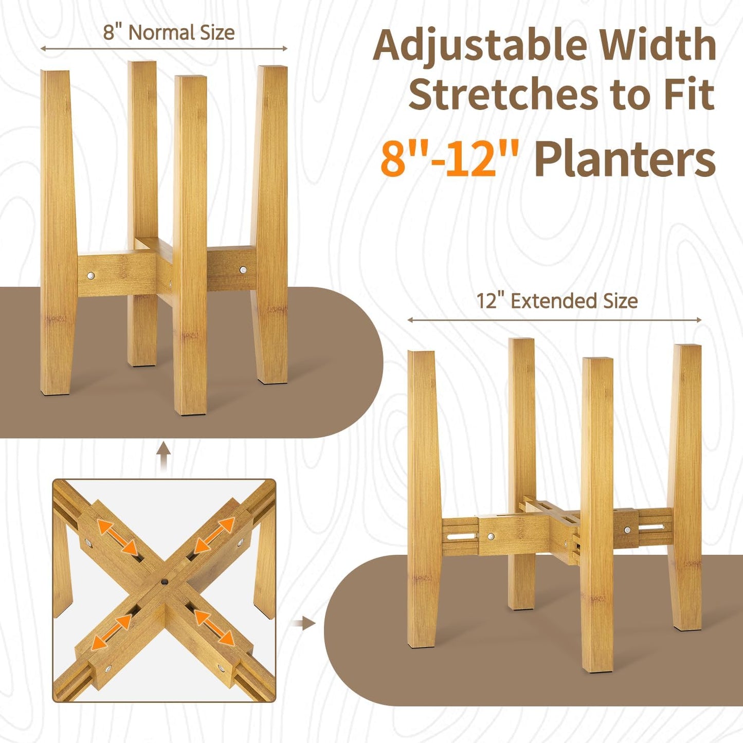 LASZOLA Bamboo Adjustable Plant Stand for Single Large Indoor Planters, Heavy Duty Floor Fern Holder Fits 8 to 12 Inch Pots, Mid Century Elevated Big Stool for Flower– Pot Not Included, Walnut, 1 Pack