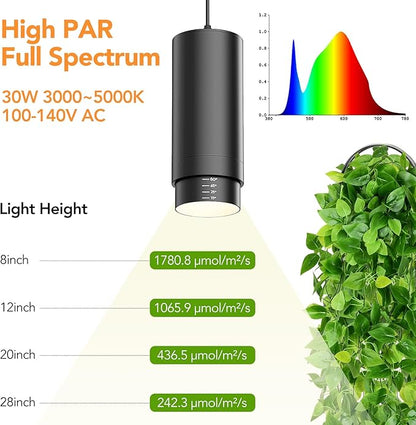 Remote Control Hanging Grow Lights for Indoor Plants, 30W Hanging Plant Light with Auto On/Off Timer, Full Spectrum LED Grow Light 3000K-5000K, Dimmable Plug in Pendant Hanging Lights, Black
