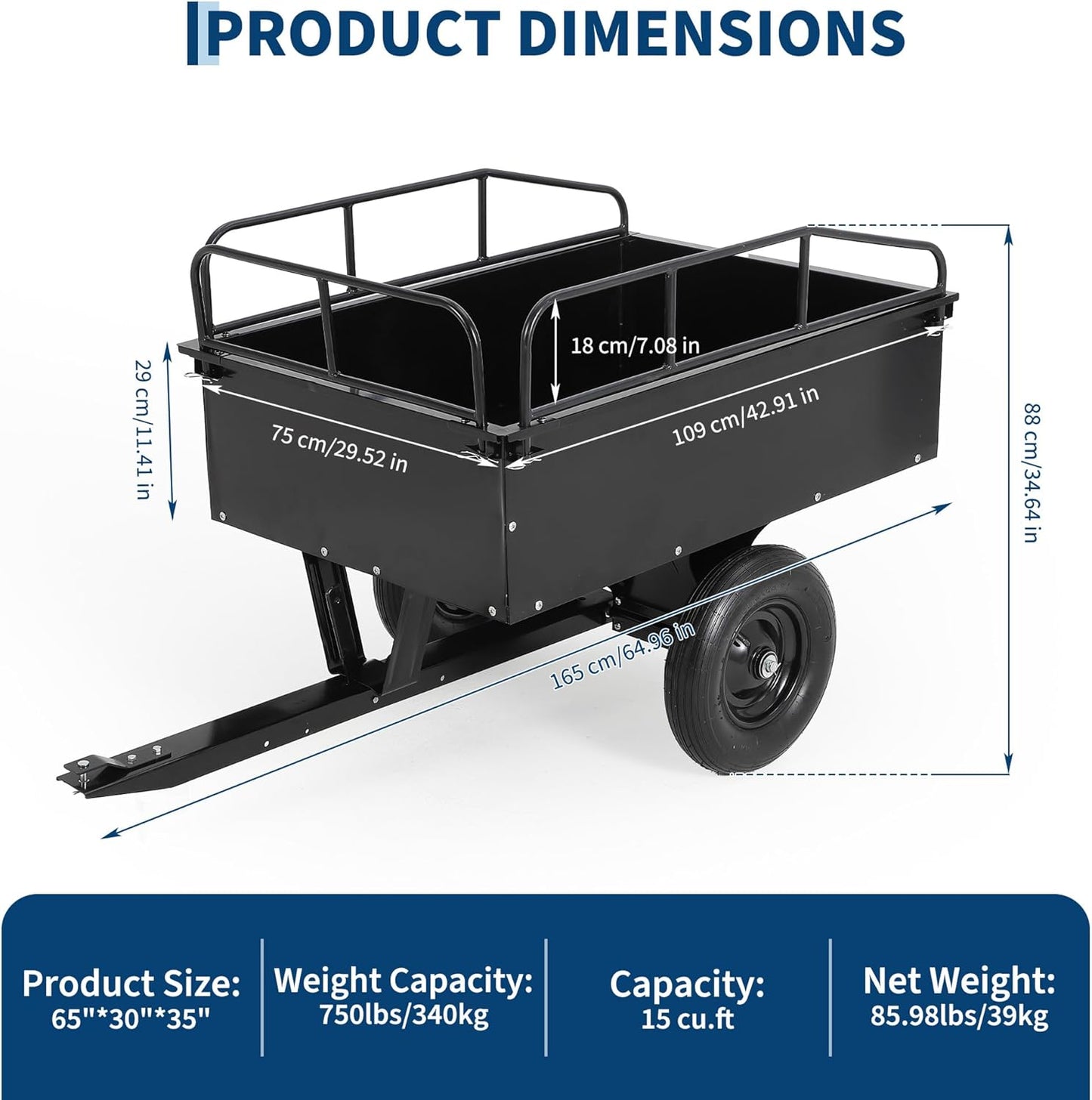 Heavy Duty ATV Dump Cart, 750 lbs Tow Behind Garden Utility Trailer with Removable Sides, Pull Behind Dump Trailer for ATV, UTV, Lawn Mowers and Tractors
