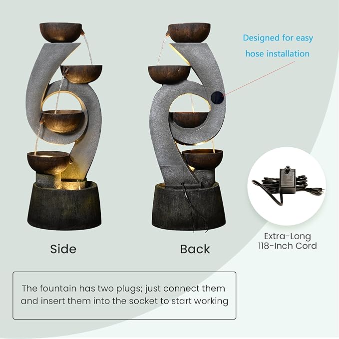 46.8''H Outdoor Water Fountains - 5-Tiered Garden Fountains Outdoor for Patio, Yard, Balcony, Porch, Modern Resin Waterfall Feature for Outside with Light, Cascading Bowl Water Feature Gray
