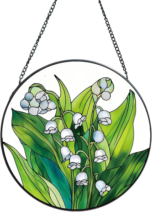 Suncatcher Stained Glass Window Hanging - Flowers Glass Panel with Metal Chain and Hooks Handmade