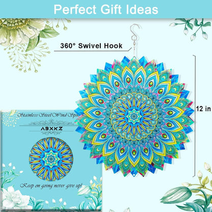 Peacock Wind Spinner,12.1in Green Bird Feather Style Spinner Hanging Ornaments,3D Kinetic Art Garden Sculptures,Sun Catcher Outdoor Metal Large Spinning Yard Decor,Big Craft Decorations for Garden