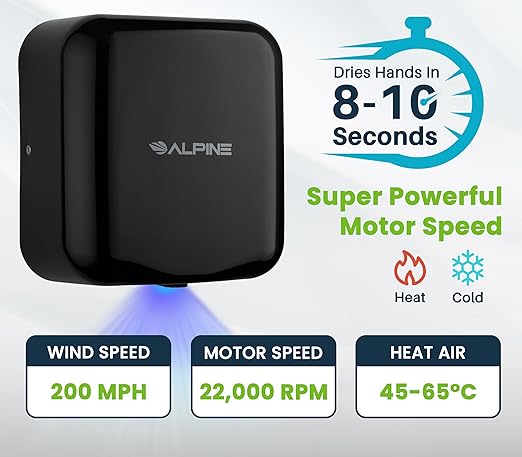 Alpine Automatic Hand Dryers for Bathrooms Commercial High Speed 110-120V Stainless Steel Electric Hand Dryer, Plug In & Hardwire Options with Air Filter, ADA & UL Compliant & 5 Years Coverage (Black)