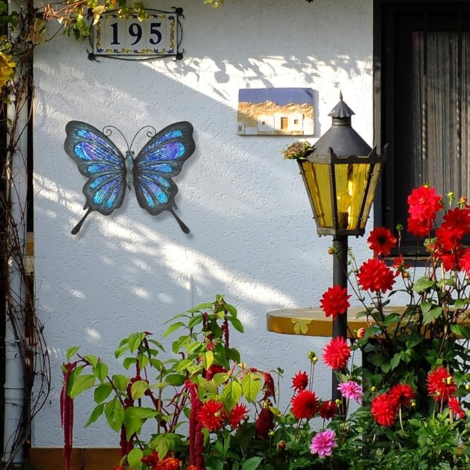HONGLAND Metal Butterfly Wall Decor Outdoor Indoor Art Sculpture Hanging Glass Decorations Blue for