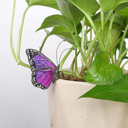 2pcs Stained Glass Butterfly Suncatcher for Flower Pot Plant Decoration, Yellow and Blue Butterfly Suncatcher for Garden Yard, Decorations Gift
