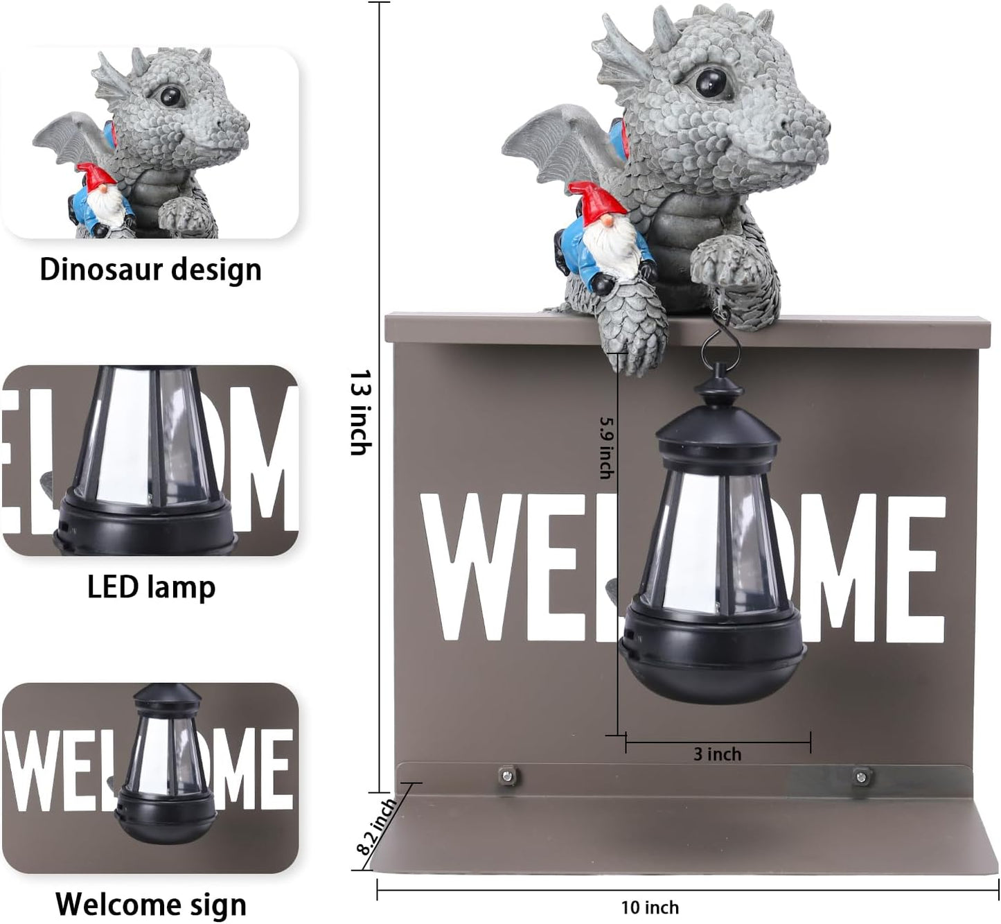 Bshine Dinosaur Garden Statue Outdoor Decor Solar Lights, Dinosaur Sculpture with Gnome Fence Hanging Solar Lantern, Housewarming Gift for Lawn Ornaments, Porch, Patio, Path, Backyard Decoration