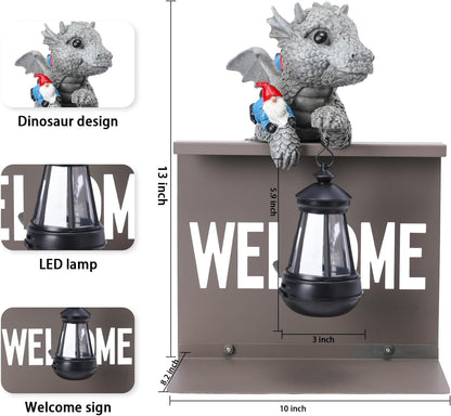 Bshine Dinosaur Garden Statue Outdoor Decor Solar Lights, Dinosaur Sculpture with Gnome Fence Hanging Solar Lantern, Housewarming Gift for Lawn Ornaments, Porch, Patio, Path, Backyard Decoration