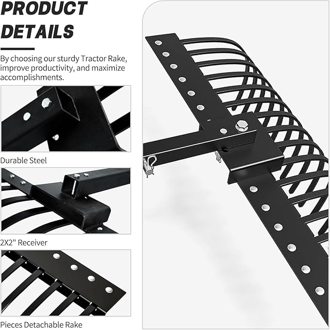 4FT Tractor Rake for 2" Receiver, 17 Pine Straw Rake for Lawn Tractors, ATV & UTV