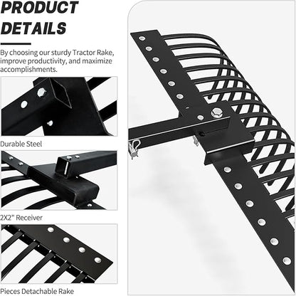 4FT Tractor Rake for 2" Receiver, 17 Pine Straw Rake for Lawn Tractors, ATV & UTV