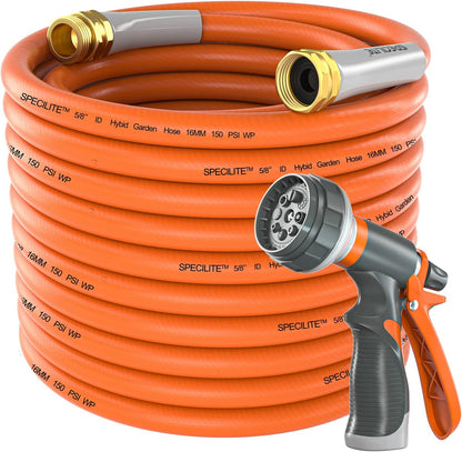 SPECILITE Garden Water Hose 75 ft x 5/8 in Heavy Duty, Flexible and Lightweight, Burst 600 psi, Kink-less Hybrid Rubber Pipe for Backyard, 3/4'' Brass Fittings, Orange