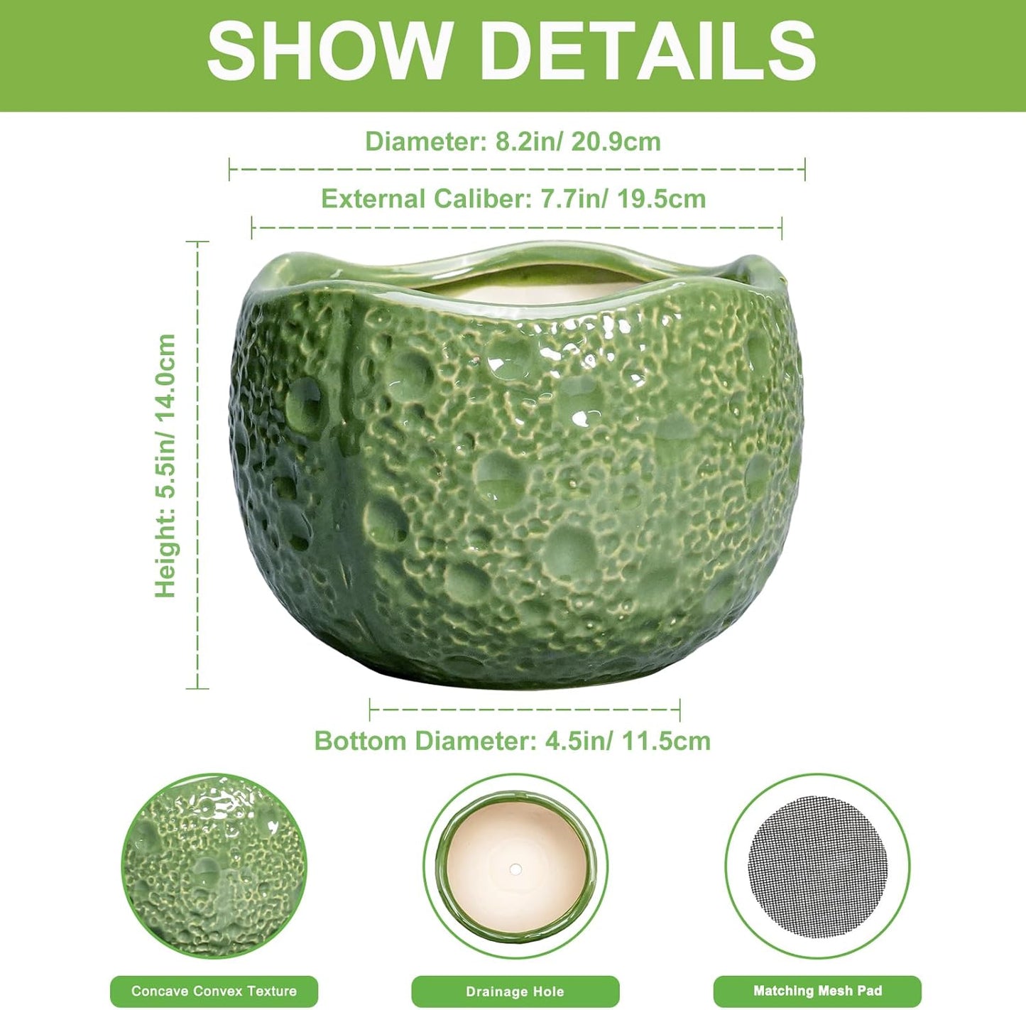 8 Inch Plant Pot - Ceramic Pots for Plants with Drainage Hole, Round Decorative Plant Pots for Indoor Outdoor, Modern Unique Flower Pot, Office Decor, Garden Gifts, Green