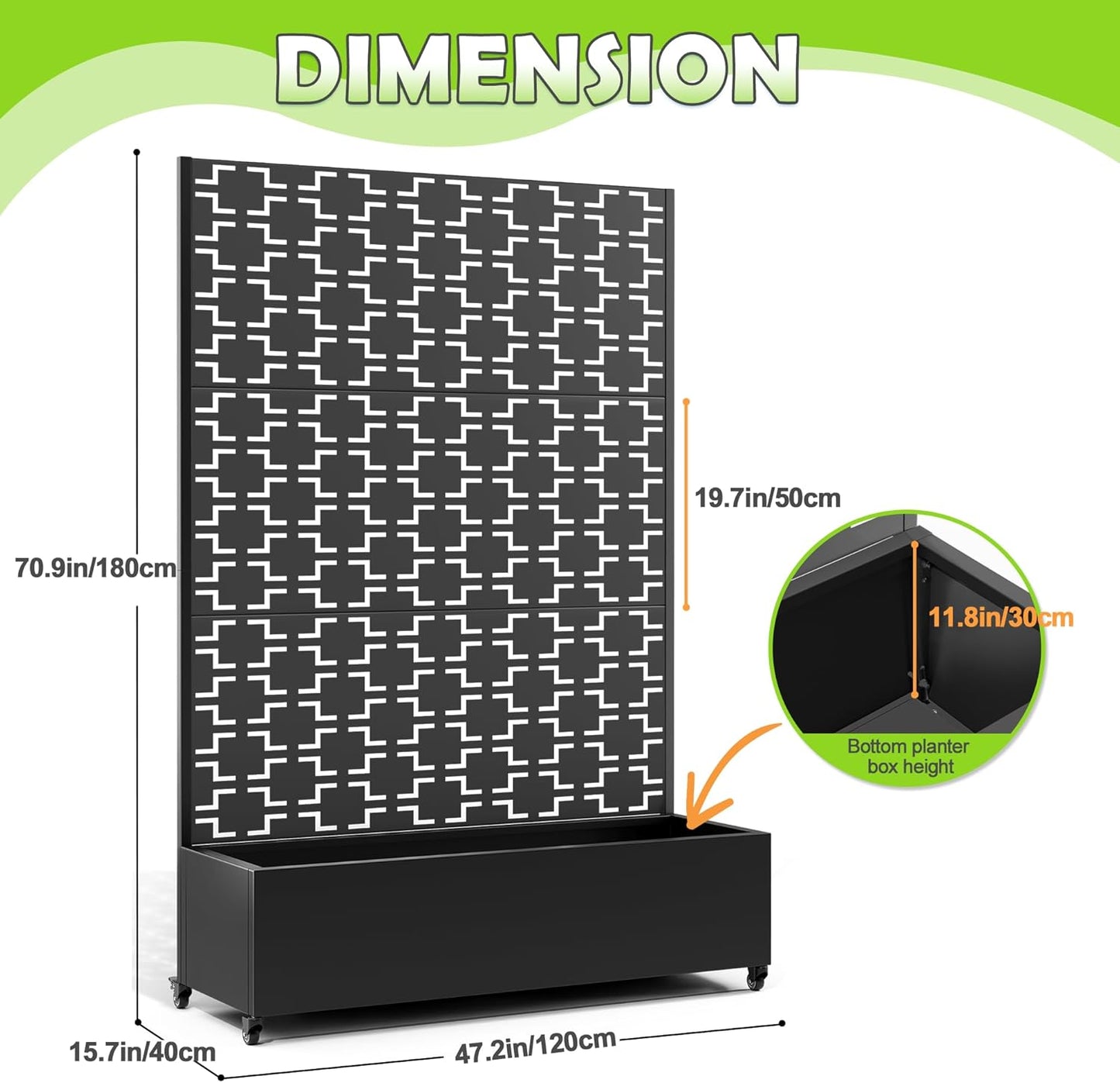 15.7"×70.9"×47.2" Metal Raised Garden Bed with Trellis and Wheels - Tall Trellis Planter Box for Climbing Plants, Vegetables & Vines - Outdoor Privacy Planters for Patio (Black-Square)