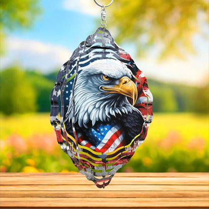 3D American Flag Eagle Wind Spinner 10 Inch Stainless Steel Kinetic Art Patriotic Hanging Decoration for Indoor and Outdoor Spaces