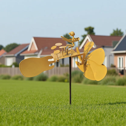 Handmade Metal Drummer Rock Band Windmill, Wind Powered Kinetic Sculpture, Garden Outdoor Wind Mill Spinner for Yard Lawn Garden Patio Rockin Art Figurine Decor (Gold)