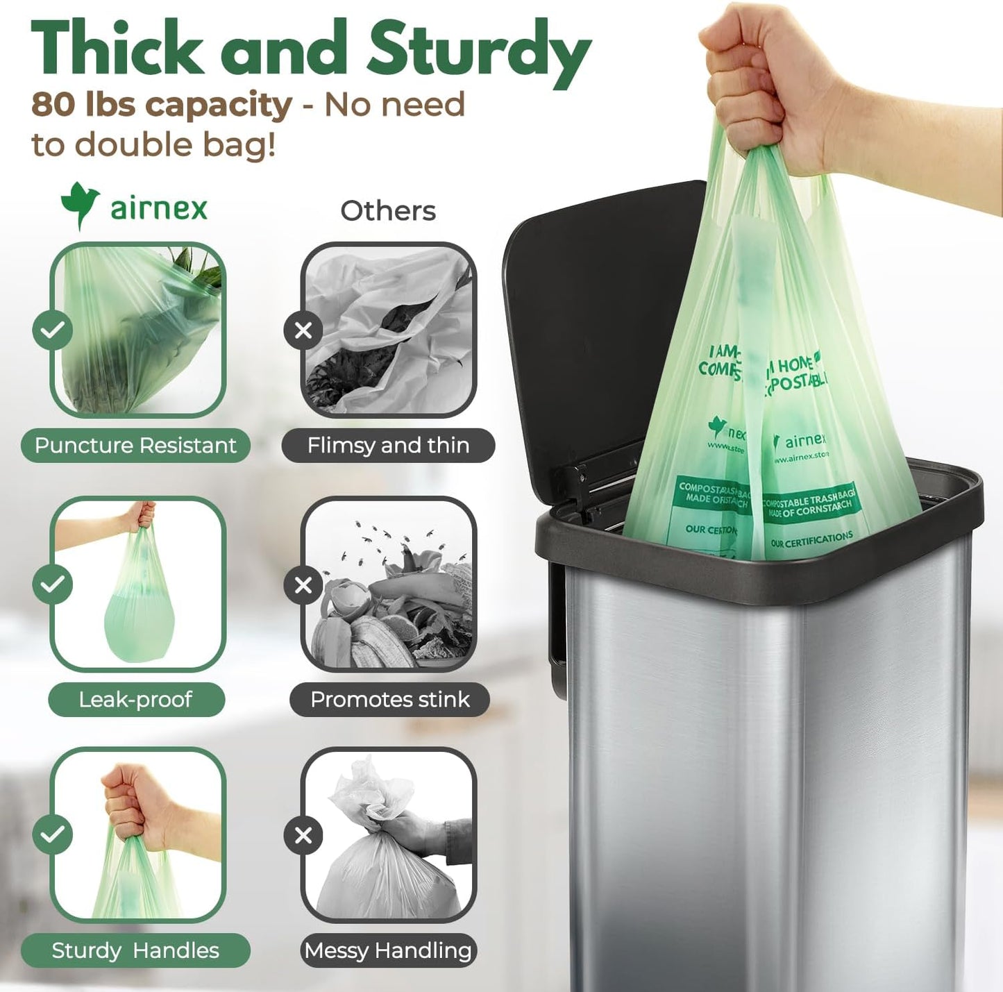 Compost Bags for Countertop Bin -Compostable Trash Bags made of Cornstarch - Leakproof & Tear Resistant Biodegradable Trash Bags - OK Compost Home & Seedlings Certified (13 Gallon, 100 Count)
