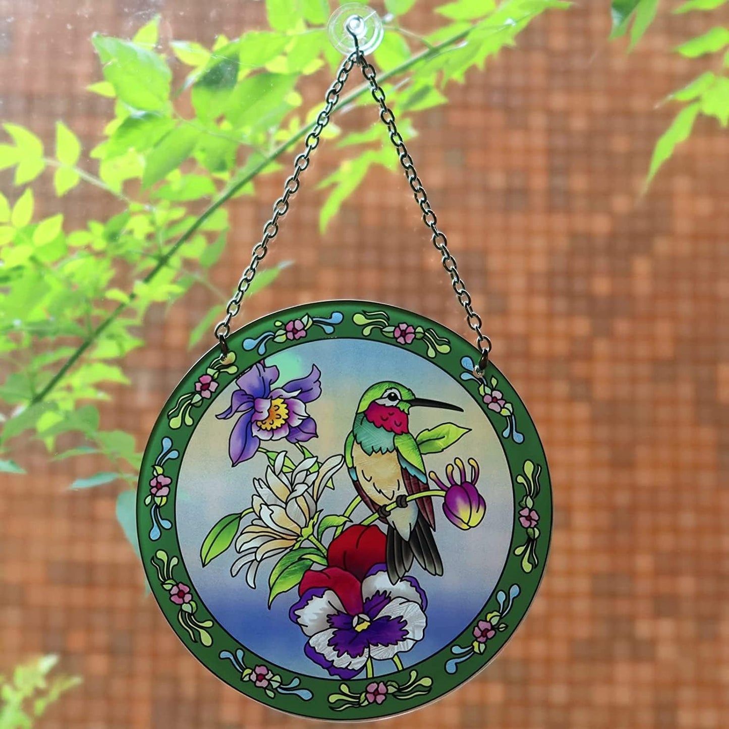 Hummingbird Stained Glass Suncatcher 6" Round, Window Hanging with Chain & Hook, Gift-Boxed Floral Bird Window Decor, Gift for Mom & Grandma