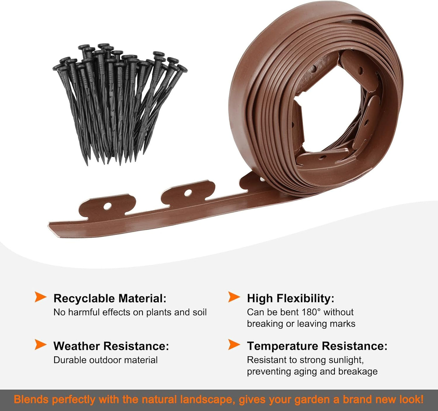 Garden Edging - 20 Feet Plastic Landscaping Edging Border with 18 PCS Spikes Apply to Flower Beds/Grass Lawn/Yard (20FT x 1.57IN, Dark Brown)