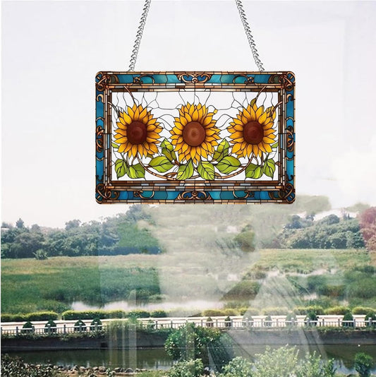 Large Acrylic Sunflower with Green Leaves Window Hanging Decor - Stained Glass Style with Colorful