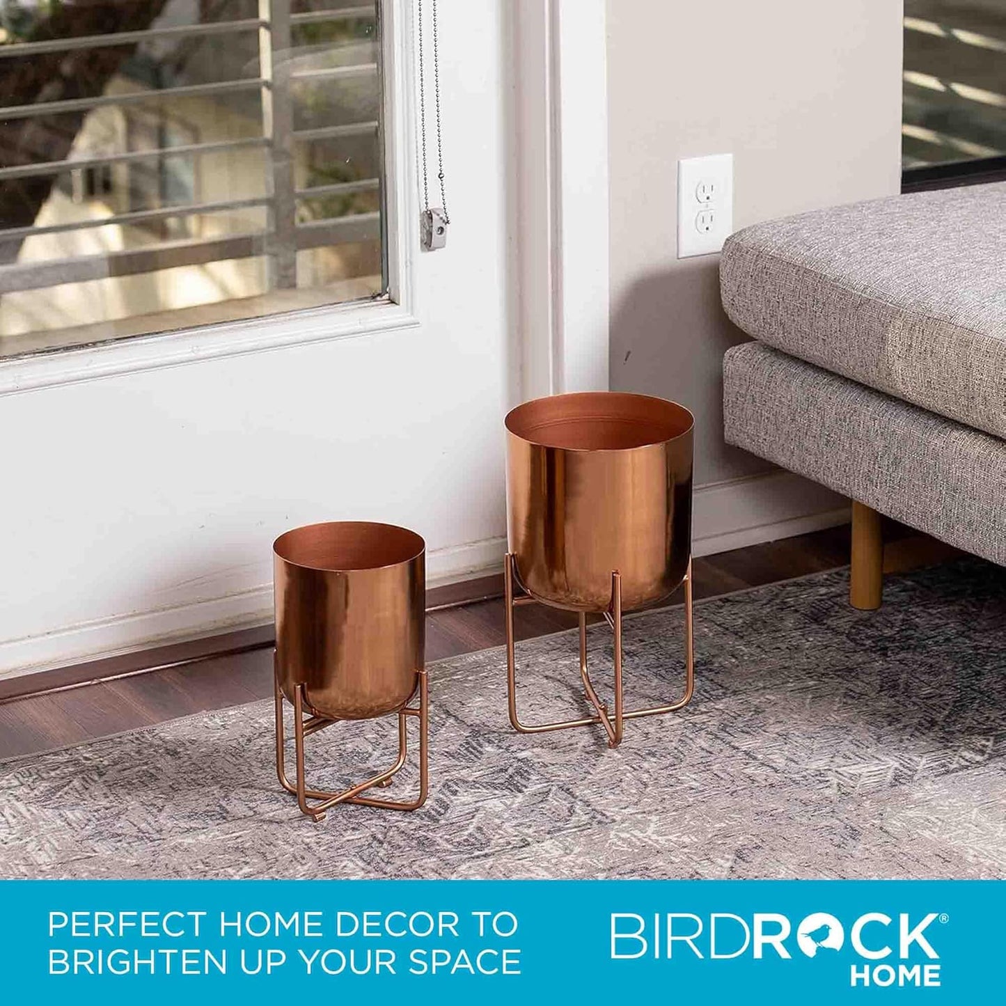 BIRDROCK HOME 2pc Modern Planter with Stand - Elevated Plant Holder for Indoor/Outdoor Use - Sturdy Black Floor Standing Pot Stand for Houseplants, Trees, and Flowers - Small Large - Copper