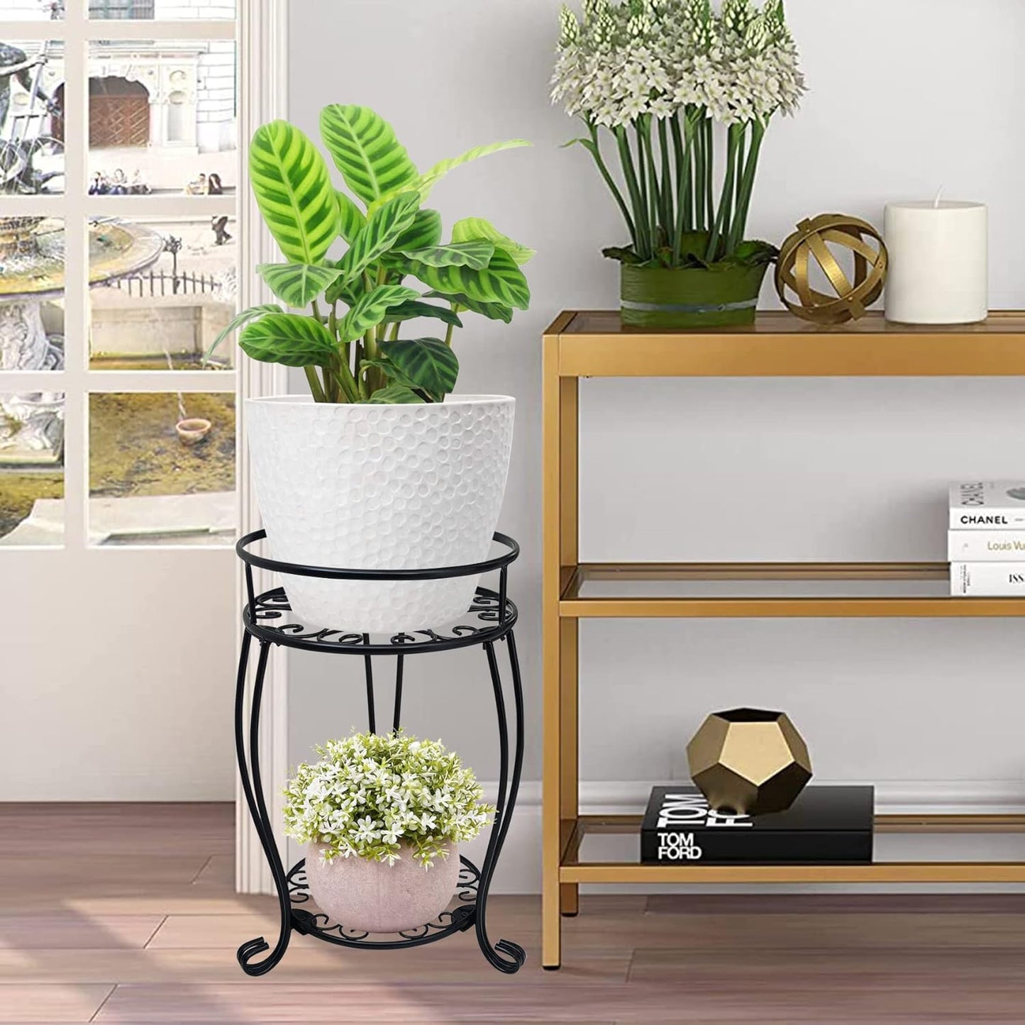 CASIMR 2-Pack Plant Stand, 2 Tier 19.2 inch Tall Metal Potted Holder Rack,Indoor Outdoor Multiple Flower Pot Shelf Rustproof Iron Garden Container for Garden Patio Living Room Corner Balcony, Black