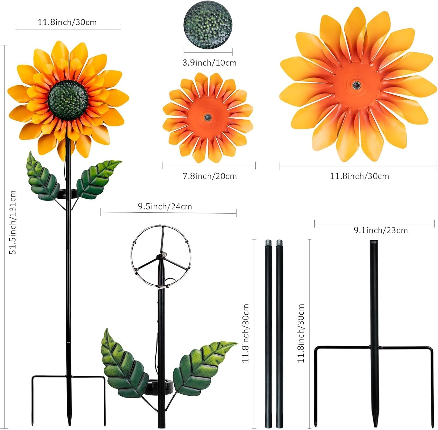 Sunflower Solar Wind Spinners for Yard and Garden - 52" Metal Windmill Ligths with LED Wind Sculptures with Stake for Lawn Patio Decor